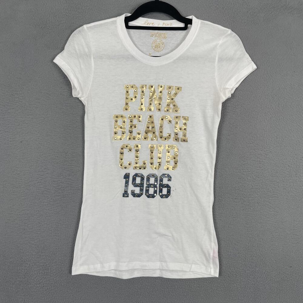 PINK Shirt Womens S White Studded Sequin Beach Club 1986 Crew Neck Short Sleeve